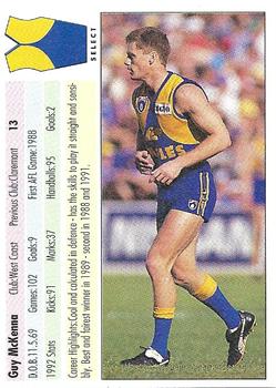 1993 Select AFL #13 Guy McKenna Back